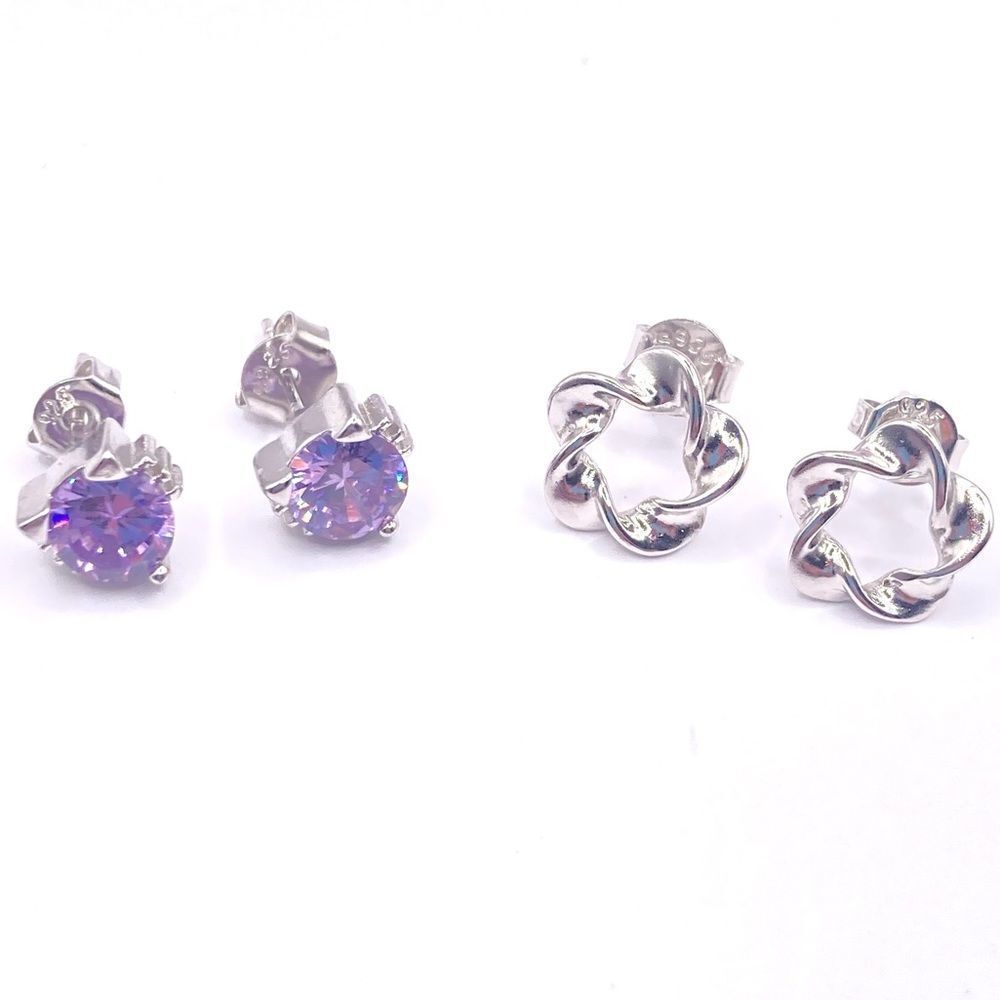 Set of 2 pairs sterling silver post stud earrings